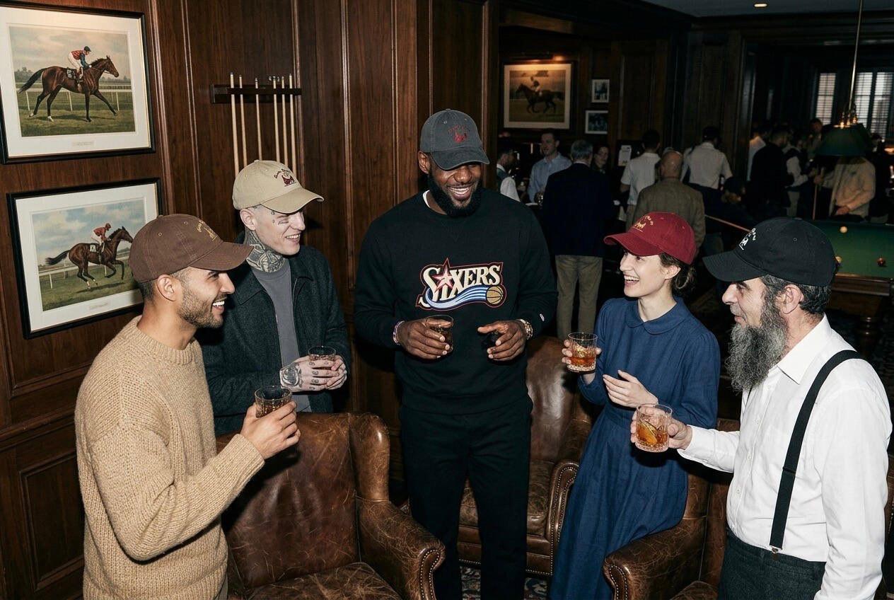 Friends gathering in a wood-paneled clubroom decorated with equestrian art, evoking the Quentin Riding Club's social heritage